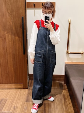 「ニットベスト」｜「アイテム（サロペット/オーバーオール）」を使った、sbeさん（レディース・153cm）の春コーディネート