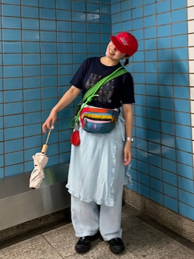 「LOWRYS FARM（ローリーズファーム）のレイヤードスカパン 671658（その他パンツ、ブルー系）」を使った、kureha さん（レディース・158cm）の夏コーディネート