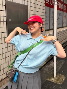 「LOWRYS FARM（ローリーズファーム）のブークレニットポロＳＳ 669414（Tシャツ/カットソー、ブルー系）」を使った、kureha さん（レディース・158cm）の夏コーディネート