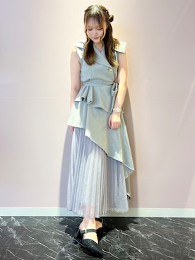 「ESPERANZA（エスペランサ）のシャイニーミュールパンプス（パンプス、ブラック系）」を使った、konoさん（レディース・149cm）の夏コーディネート