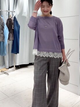 「UNTITLED（アンタイトル）のレースドッキングニットプルオーバー（ニット/セーター、パープル系）」を使った、misa♡さん（レディース・160cm）の夏コーディネート