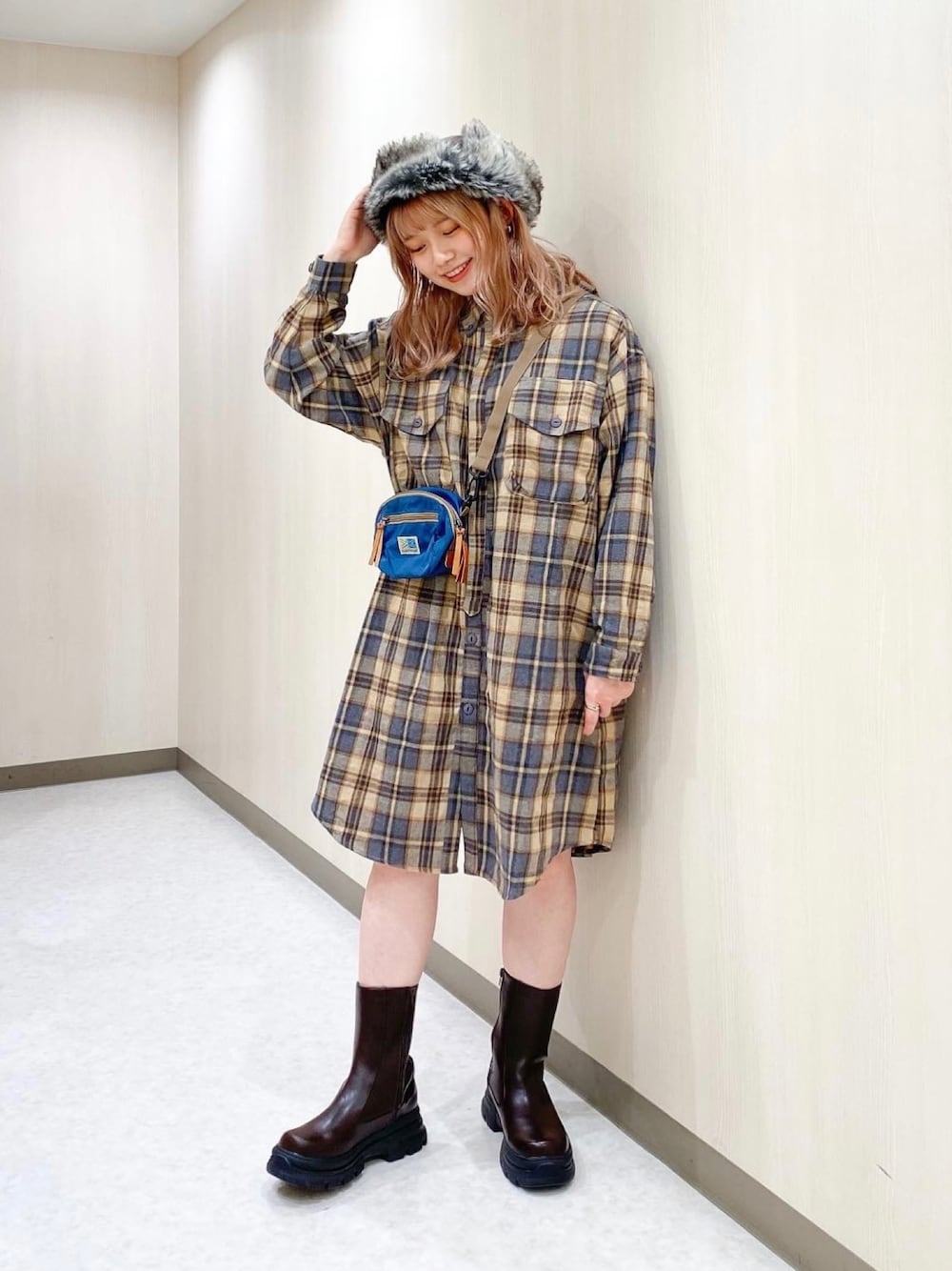 「だから秋服が好き、秋色、ootd、チェック、ブーツ、ワンピース」｜「DOUBLE NAMEのアイテム（帽子、ベージュ系）」を使った、Tamaさん（レディース・157cm）の秋コーディネートの1枚目の写真