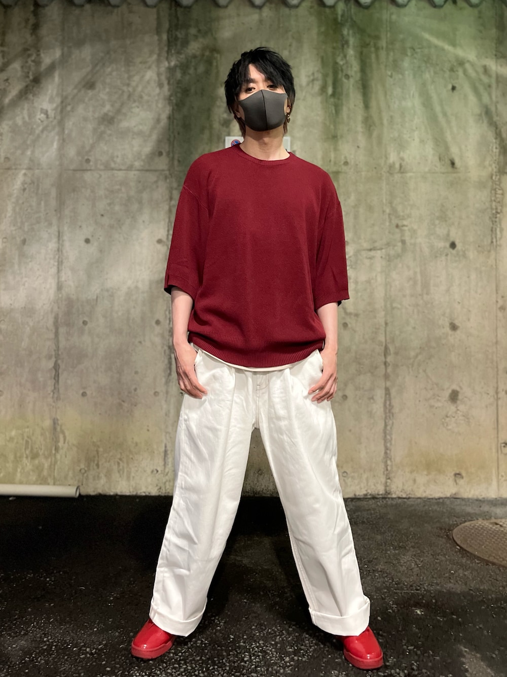「Timberland、union station、Junred、GU、秋コーデ、サマーニット、タンクトップ、デニムパンツ、赤白コーデ、シンプルスタイル、オトナカジュアル、キレイめ、リラックススタイル、デニムコーデ、レッド」｜「UNION STATIONの/ウォッシャブル/ワイドシルエットミラノリブニットカットソー（ニット/セーター、レッド系）」を使った、アムネシアさん（メンズ・176cm）の秋コーディネートの1枚目の写真