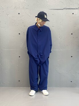 「WHITELAND（ホワイトランド）のWHITELAND/ホワイトランド/NYLON BIG SHIRTS/ナイロンビックシャツ（シャツ/ブラウス）」を使った、佐藤友則さん（メンズ・165cm）の春コーディネート