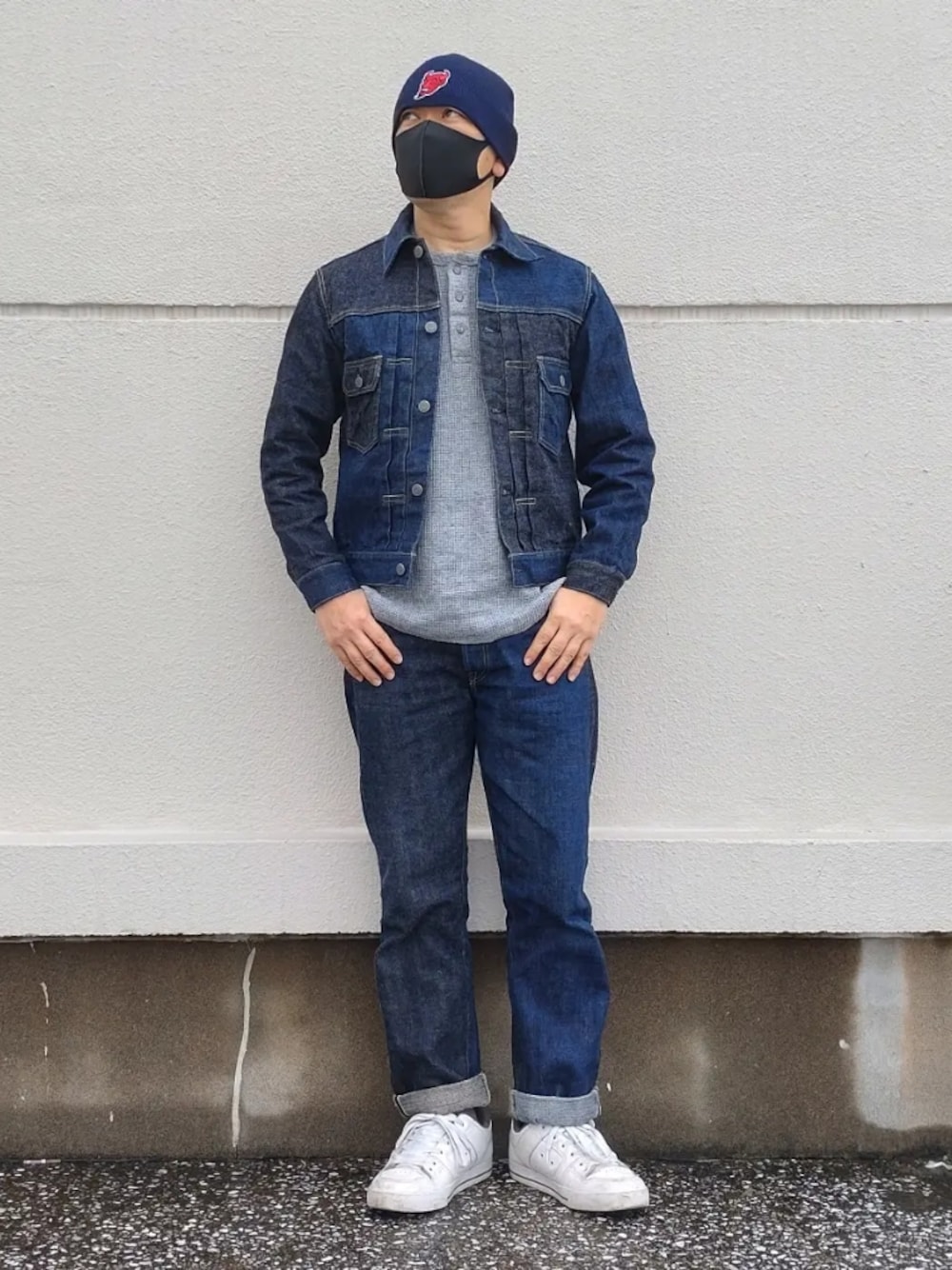 「秋のコーデ、セットアップ、セットアップスタイル、シュガーケーン、sugarcane、だから秋服が好き、DC SHOES、UNIQLO、ユニクロ、WEGO、ニットキャップ、お洒落さんとつながりたい、デニムオンデニム、デニムセットアップ、クレージーパターン」｜「DCのアイテム（スニーカー、ホワイト系）」を使った、bbkbaseさん（メンズ・172cm）の秋コーディネートの1枚目の写真