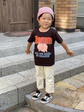 「petit main（プティマイン）のアイテム（ニットキャップ/ビーニー）」を使った、Ren10Hinaさん（キッズ・100cm）の夏コーディネート