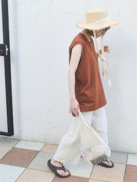 「UNIQLO（ユニクロ）のアイテム（Tシャツ/カットソー、ブラウン系）」を使った、shinoさん（レディース・152cm）の夏コーディネート