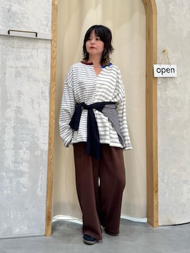 「etsinta（エシンタ）の【etsinta】マルチボーダーリメイクtee（Tシャツ/カットソー、ホワイト系）」を使った、きな☆ki_naさん（レディース・153cm）の春コーディネート