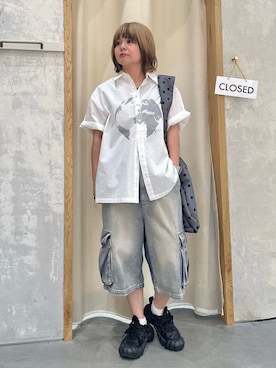 「CIAOPANIC TYPY（チャオパニックティピー）の【UNISEX】アソート柄プリントシャツ（シャツ/ブラウス、ホワイト系）」を使った、きな☆ki_naさん（レディース・153cm）の夏コーディネート