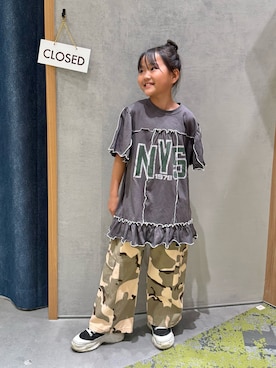 「CIAOPANIC TYPY（チャオパニックティピー）の【KIDS】メロウ切替チュニックワンピ（ワンピース、グレー系）」を使った、きな☆ki_naさん（レディース・153cm）の春コーディネート