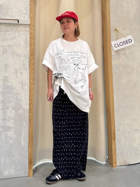 「CIAOPANIC TYPY（チャオパニックティピー）の【UNISEX】アソート落書きBIGロゴTEE（Tシャツ/カットソー、ホワイト系）」を使った、きな☆ki_naさん（レディース・153cm）の夏コーディネート