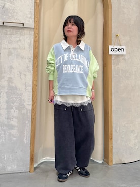 「CIAOPANIC TYPY（チャオパニックティピー）の【etsinta】リメイク切り替えスウェットポロ（Tシャツ/カットソー、グリーン系）」を使った、きな☆ki_naさん（レディース・153cm）の春コーディネート