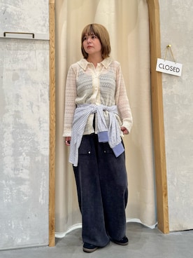 「CIAOPANIC TYPY（チャオパニックティピー）の襟付きプリーツカットレースシアーカーデ（シャツ/ブラウス、ホワイト系）」を使った、きな☆ki_naさん（レディース・153cm）の夏コーディネート