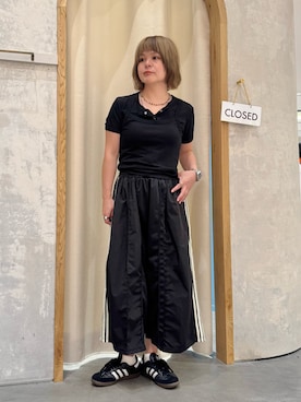 「CIAOPANIC TYPY（チャオパニックティピー）の【willow】アイレット半袖スナップカーデキャミセット（Tシャツ/カットソー、ブラック系）」を使った、きな☆ki_naさん（レディース・153cm）の夏コーディネート
