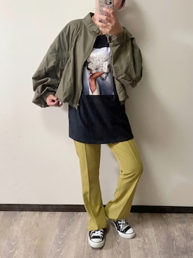 「ショート丈トップス」｜「アイテム（ミリタリージャケット）」を使った、きな☆ki_naさん（レディース・153cm）の秋コーディネート