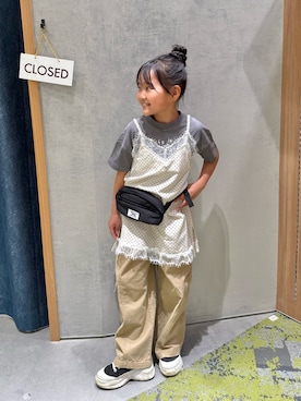「CIAOPANIC TYPY（チャオパニックティピー）の【KIDS】ランジェリーレースドットキャミチュニック《ジュニアサイズあり》（チュニック、ホワイト系）」を使った、きな☆ki_naさん（レディース・153cm）の春コーディネート