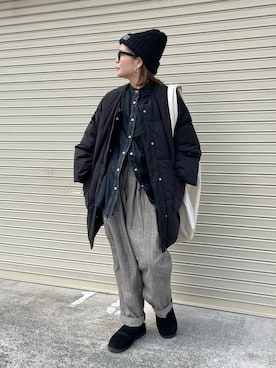 「hunch（ハンチ）の【WEB限定/別注】 バンドカラー オーバーサイズ　デニムシャツ（シャツ/ブラウス）」を使った、きな☆ki_naさん（レディース・153cm）の冬コーディネート