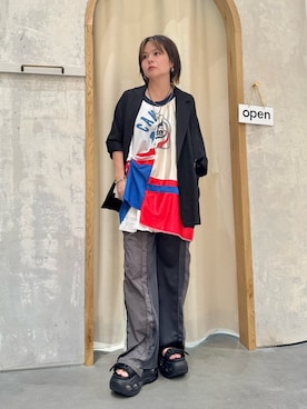 「CIAOPANIC TYPY（チャオパニックティピー）の【さらっとした着心地】リネン混ゆったり半袖シャツジャケット（テーラードジャケット）」を使った、きな☆ki_naさん（レディース・153cm）の夏コーディネート