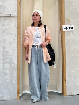 「CIAOPANIC TYPY（チャオパニックティピー）の≪裾レイヤード≫シアーバンドカラーシャツ（シャツ/ブラウス、ピンク系）」を使った、きな☆ki_naさん（レディース・153cm）の春コーディネート