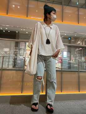 「淡色カジュアル」｜「アイテム（ニットキャップ/ビーニー）」を使った、きな☆ki_naさん（レディース・153cm）の夏コーディネート