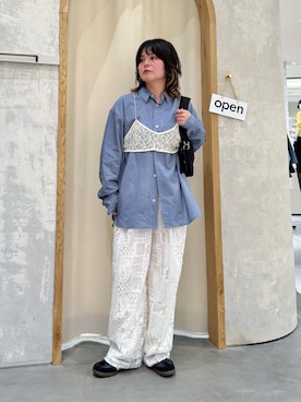 「CIAOPANIC TYPY（チャオパニックティピー）の【肌触り◎】ユニセックス/シルクタッチ立体ストライプシャツ（シャツ/ブラウス、ブルー系）」を使った、きな☆ki_naさん（レディース・153cm）の夏コーディネート