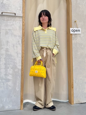 「CIAOPANIC TYPY（チャオパニックティピー）の【HELLO.SANFRANCISCO/ハローサンフランシスコ】ビッグカラーボーダーポロニット（ニット/セーター、イエロー系）」を使った、きな☆ki_naさん（レディース・153cm）の春コーディネート