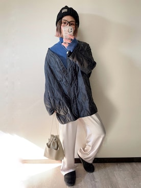 「サテンパンツ」｜「アイテム（ノーカラーコート）」を使った、きな☆ki_naさん（レディース・153cm）の冬コーディネート