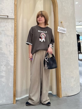 「CIAOPANIC TYPY（チャオパニックティピー）の【UNISEX】アニマル柄サマーニット袖切替し配色TEE（Tシャツ/カットソー、グレー系）」を使った、きな☆ki_naさん（レディース・153cm）の夏コーディネート