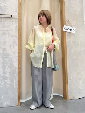 「CIAOPANIC TYPY（チャオパニックティピー）の【冷房対策/体型カバー】シアーバンドカラーシャツ（シャツ/ブラウス、グレー系）」を使った、きな☆ki_naさん（レディース・153cm）の春コーディネート