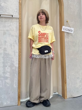 「CIAOPANIC TYPY（チャオパニックティピー）の【UNISEX】【プラスサイズあり】スラブ天竺ピグメントロゴTEE（Tシャツ/カットソー、イエロー系）」を使った、きな☆ki_naさん（レディース・153cm）の春コーディネート