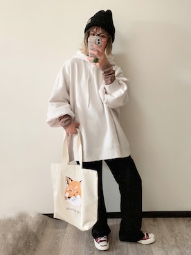 「サテンパンツ」｜「アイテム（ニットキャップ/ビーニー）」を使った、きな☆ki_naさん（レディース・153cm）の冬コーディネート