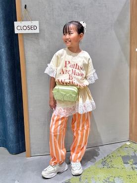 「CIAOPANIC TYPY（チャオパニックティピー）の【KIDS】かすれロゴレースレイヤードミニワンピチュニック（ワンピース、ホワイト系）」を使った、きな☆ki_naさん（レディース・153cm）の夏コーディネート
