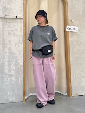 「CIAOPANIC TYPY（チャオパニックティピー）の【UNISEX】ピンボーダーワンポイント刺繍ロゴTシャツ（Tシャツ/カットソー、グレー系）」を使った、きな☆ki_naさん（レディース・153cm）の夏コーディネート