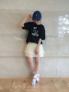 「merry jenny（メリージェニー）のアイテム（キャップ）」を使った、藤原美香さん（レディース・153cm）の春コーディネート