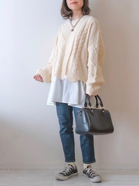 「ZOZO（ゾゾ）のスリムテーパードデニムパンツ［WOMEN］（デニムパンツ）」を使った、chakoさん（レディース・155cm）の秋コーディネート