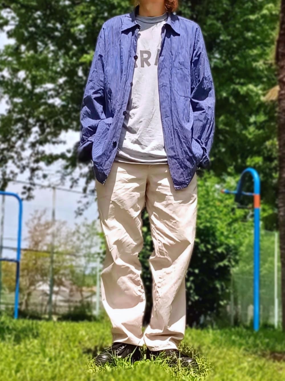 「最近のいい感じコーデ、ワイドパンツ、メンズファッション、お洒落さんとつながりたい、今日のコーデ、大人カジュアル、シンプルスタイル、ゆるコーデ、シャツスタイル、チノパン、グランパシャツ、ミリタリー、シャツ、春コーデ」｜「MILITARYのアイテム（シャツ/ブラウス、ブルー系）」を使った、wonder.b14さん（メンズ・170cm）の春コーディネートの1枚目の写真