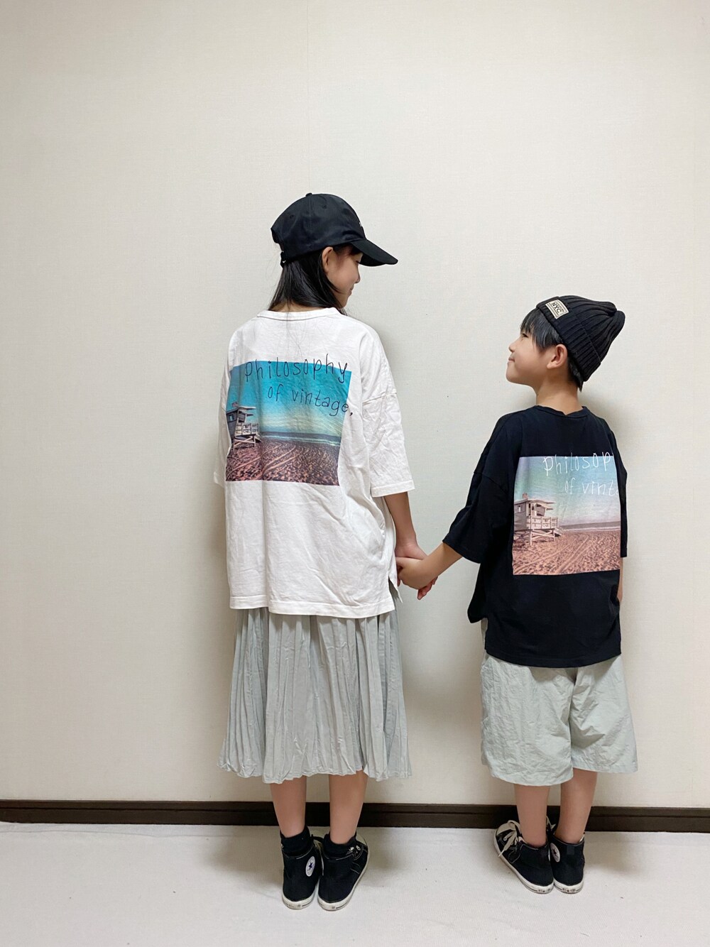 「真夏のアクティブスタイル、キッズコーデ、JAM＆LINK、Tシャツ、ミントグリーン、プリーツスカート、ハーフパンツ、コンバース、キャップ、カジュアル」｜「JAM & LINKのビッグシルエット プリント半袖Tシャツ（Tシャツ/カットソー、その他）」を使った、yuuu_soooさん（キッズ・143cm）の夏コーディネートの1枚目の写真