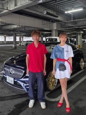 「TEMUのアイテム（シャツ/ブラウス、レッド系）」を使った、インスタ→bz178koshu48さん（レディース・160cm）の夏コーディネート