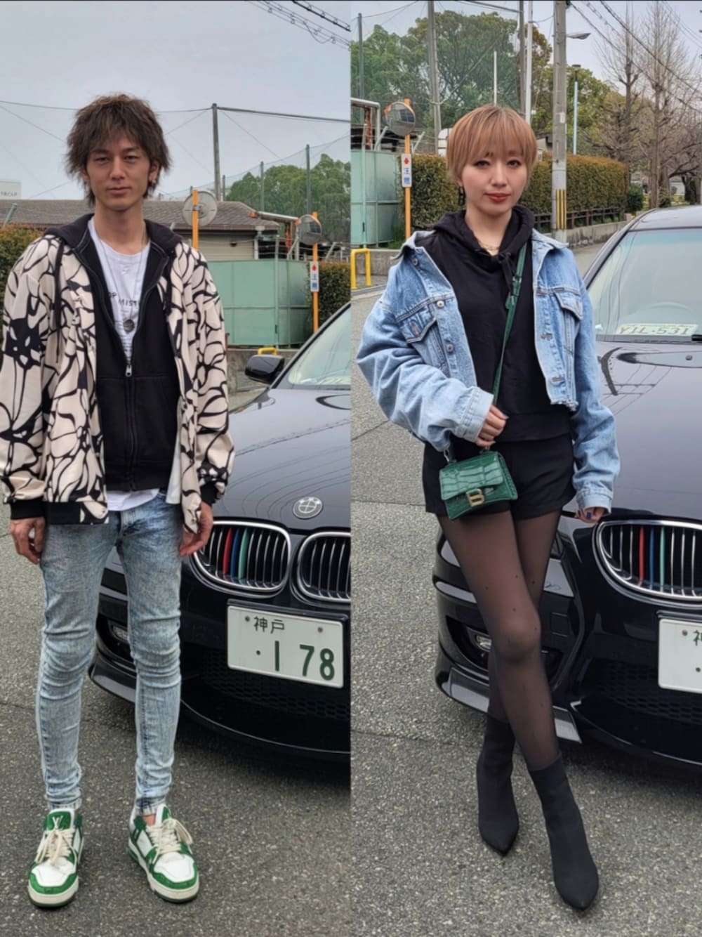 「柄、春コーデ、ブーティ、スキニーデニム、重ね着、パーカーコーデ、デニムジャケット、アラフィフ、40代ファッション、アラフォー、カップルコーデ、シミラールック、夫婦コーデ、夫婦、ショートパンツ」｜「H&Mの黒パーカー（パーカー、ブラック系）」を使った、インスタ→bz178koshu47さん（レディース・160cm）の春コーディネートの1枚目の写真