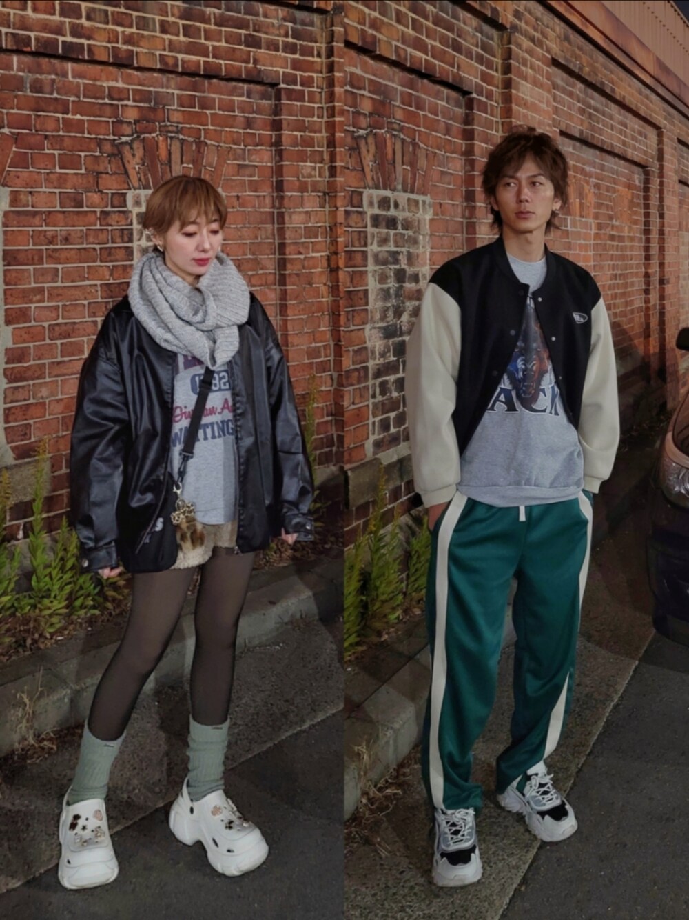 「レザージャケット、スタジャン、サイドライン、ラインパンツ、ロゴスウェット、スヌード、レッグウォーマー、アラフィフ、40代ファッション、夫婦、夫婦コーデ、カップルコーデ、リンクコーデ、シミラールック、ダッドスニーカー」｜「SHEINのアイテム（ブルゾン、ブラック系）」を使った、インスタ→bz178koshu47さん（レディース・160cm）の冬コーディネートの1枚目の写真