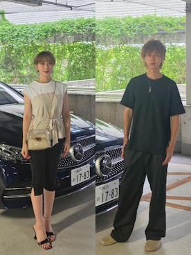 「SHEINのアイテム（Tシャツ/カットソー、ベージュ系）」を使った、インスタ→bz178koshu48さん（レディース・160cm）の夏コーディネート