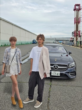 「SHEINのアイテム（Tシャツ/カットソー、ホワイト系）」を使った、インスタ→bz178koshu48さん（レディース・160cm）の夏コーディネート