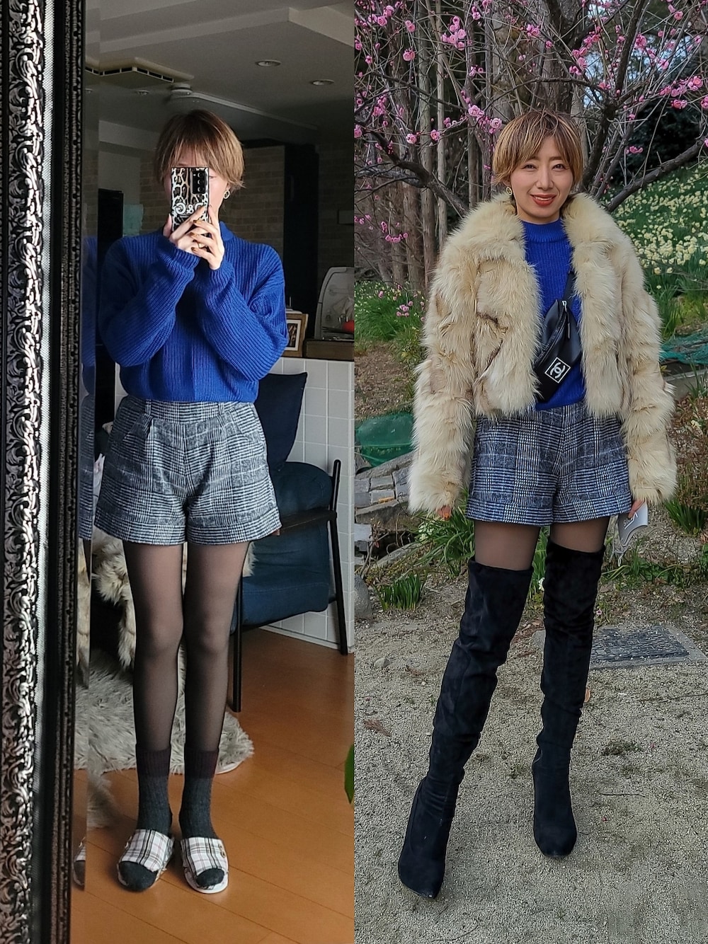 「ファー、ブルーニット、グレンチェック、ハイウエストパンツ、ショートパンツ、キュロット、サイハイブーツ、ニーハイブーツ、派手、ショートヘア、大人コーデ、大人女子、好きな服を着隊、冬コーデ、寒い」｜「H&Mのアイテム（ニット/セーター、ブルー系）」を使った、インスタ→bz178koshu47さん（レディース・160cm）の冬コーディネートの1枚目の写真