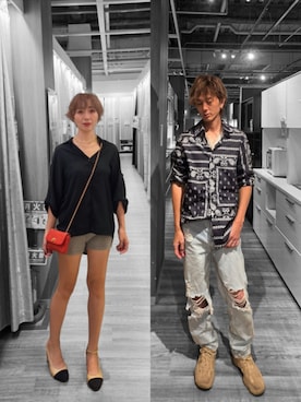 「ネットで購入のアイテム（シャツ/ブラウス、ブラック系）」を使った、インスタ→bz178koshu48さん（レディース・160cm）の秋コーディネート