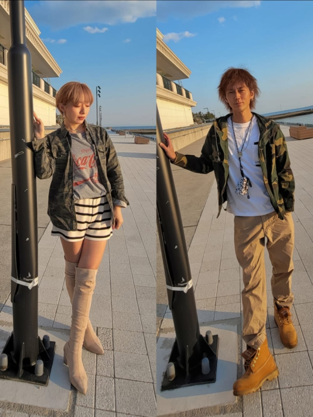 「柄シャツ、迷彩、カモフラ、ティンバーランド、Timberland、ボーダーパンツ、ニーハイブーツ、大人カジュアル、リンクコーデ、シミラールック、インスタフォローしてね！、instagram、カップルコーデ、夫婦、40代ファッション」｜「TEMUのアイテム（ブーツ、ベージュ系）」を使った、インスタ→bz178koshu47さん（レディース・160cm）の春コーディネートの1枚目の写真