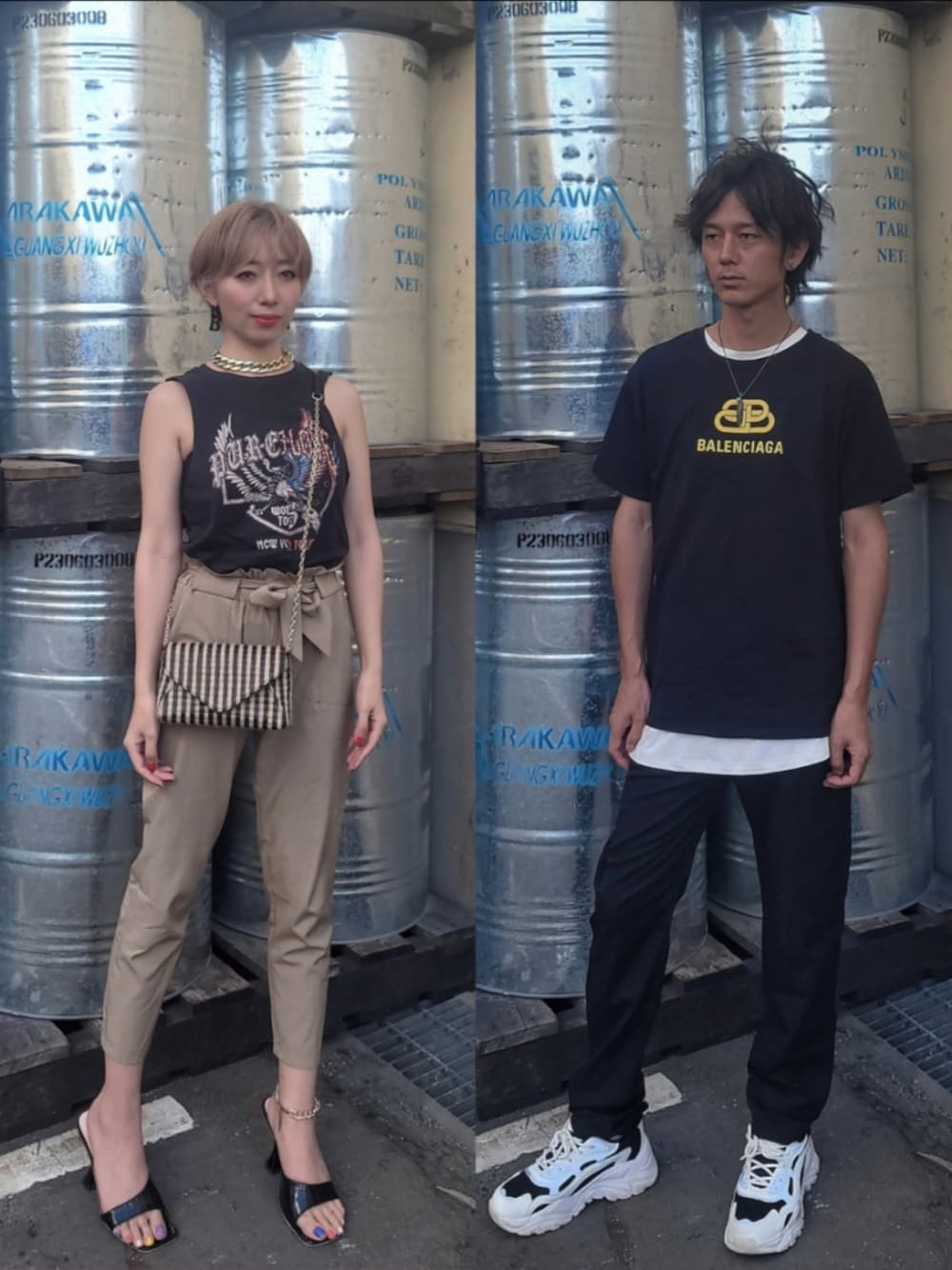 「オトナカジュアル、大人カジュアル、ハイウエストパンツ、アラフォー、アラフィフ、ミュール、夫婦、夫婦コーデ、40代ファッション、重ね着、ポシェット、BALENCIAGA、ダッドスニーカー、チェーンネックレス、カップルコーデ」｜「H&Mのアイテム（タンクトップ、ブラック系）」を使った、インスタ→bz178koshu47さん（レディース・160cm）の夏コーディネートの1枚目の写真