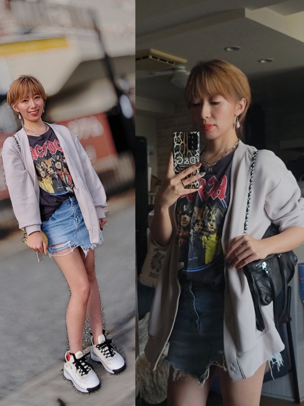 「GU、大人カジュアル、ロックT、海外系ファッション、chanel、デニムスカート、ミニスカート、大人女子、アラフォー、40代女性、ショートヘア、40代ファッション、レザーバッグ、カジュアルコーデ、秋服」｜「Right-onの【AC/DC】エーシー・ディーシープリントTシャツ（Tシャツ/カットソー、ブラック系）」を使った、インスタ→bz178koshu47さん（レディース・160cm）の秋コーディネートの1枚目の写真