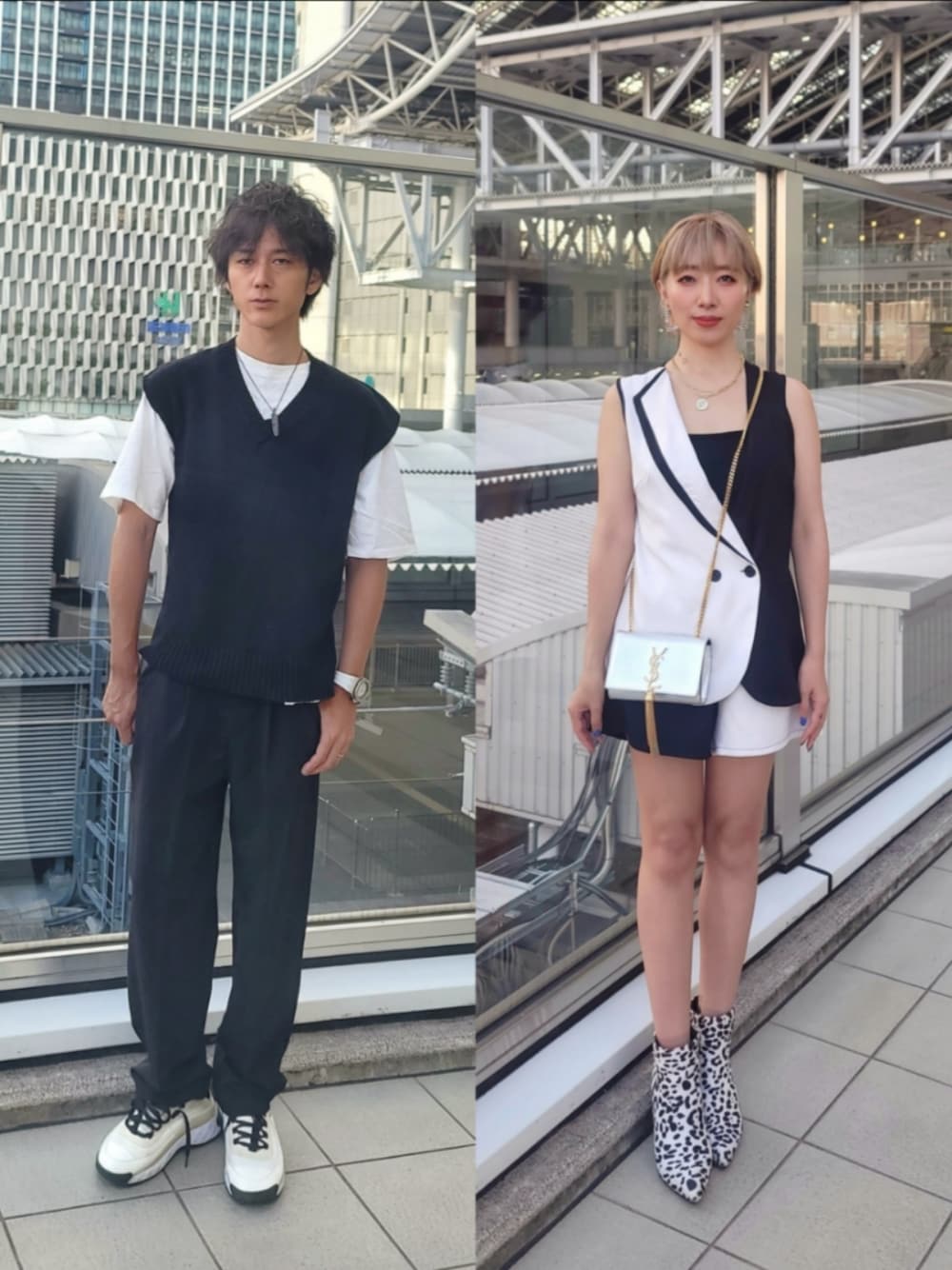 「夫婦、夫婦コーデ、モノトーンコーデ、モノトーン、アラフォー、アラフィフ、40代ファッション、着たいものを着る、セットアップ、ニットベスト、白黒、シミラールック、リンクコーデ、ショートヘア、カップルコーデ」｜「SHEINのアイテム（スーツパンツ、ホワイト系）」を使った、インスタ→bz178koshu47さん（レディース・160cm）の秋コーディネートの1枚目の写真