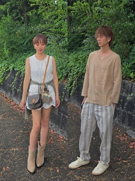 「ネットで購入のアイテム（トップス、ベージュ系）」を使った、インスタ→bz178koshu48さん（レディース・160cm）の夏コーディネート