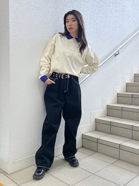 「X-girl（エックスガール）のWIDE TAPERED PANTS（その他パンツ）」を使った、西端真由さん（レディース・158cm）の春コーディネート